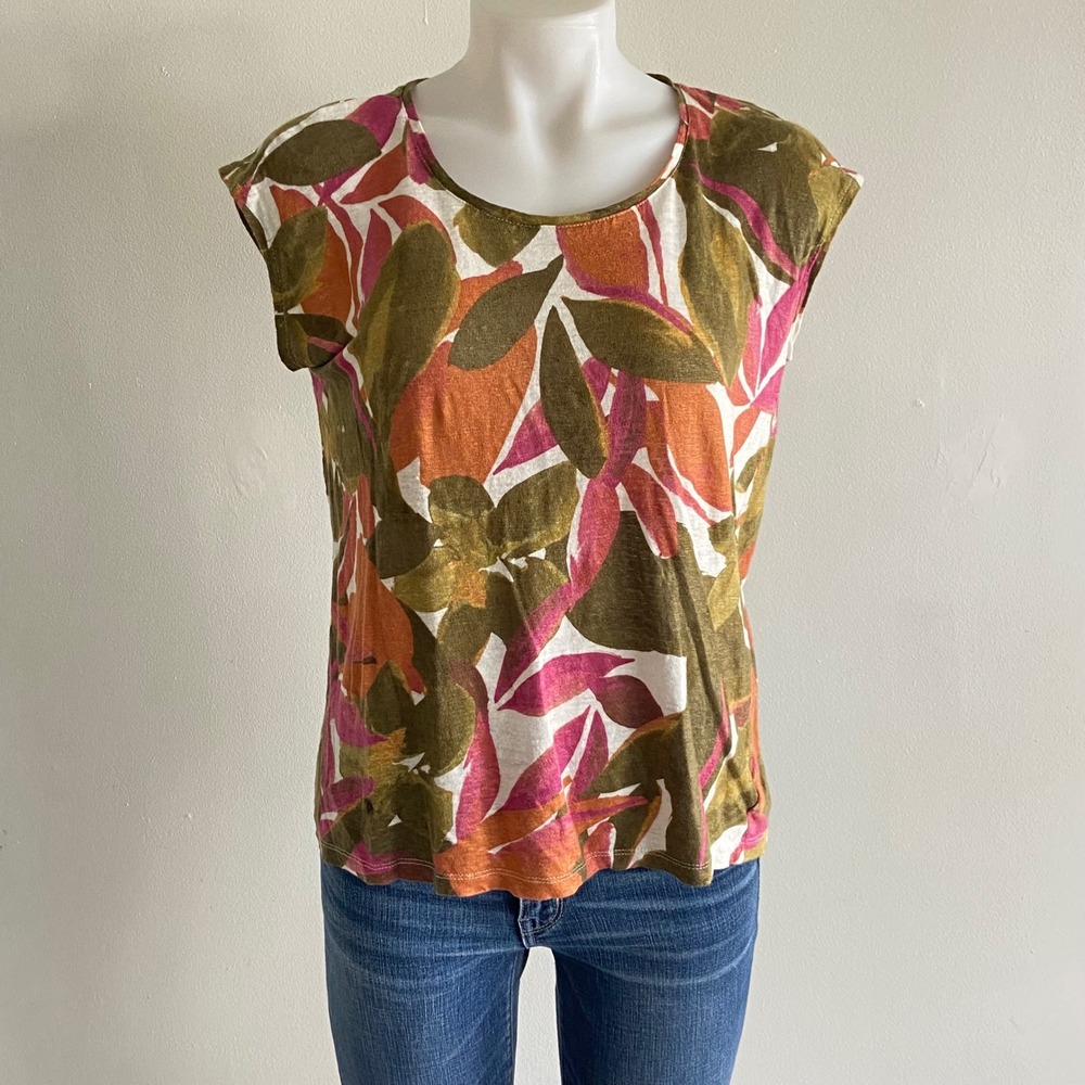 Tahari Womens 100% Linen Tropical Leaf Print Cap Sleeve Button Back Top Green M